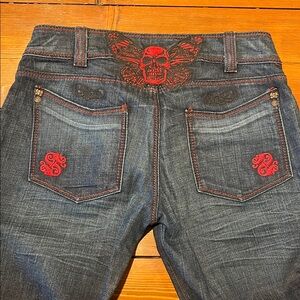 Vintage Sinful By Affliction Jeans - Dark Wash Red Stitching Skull - Size 27